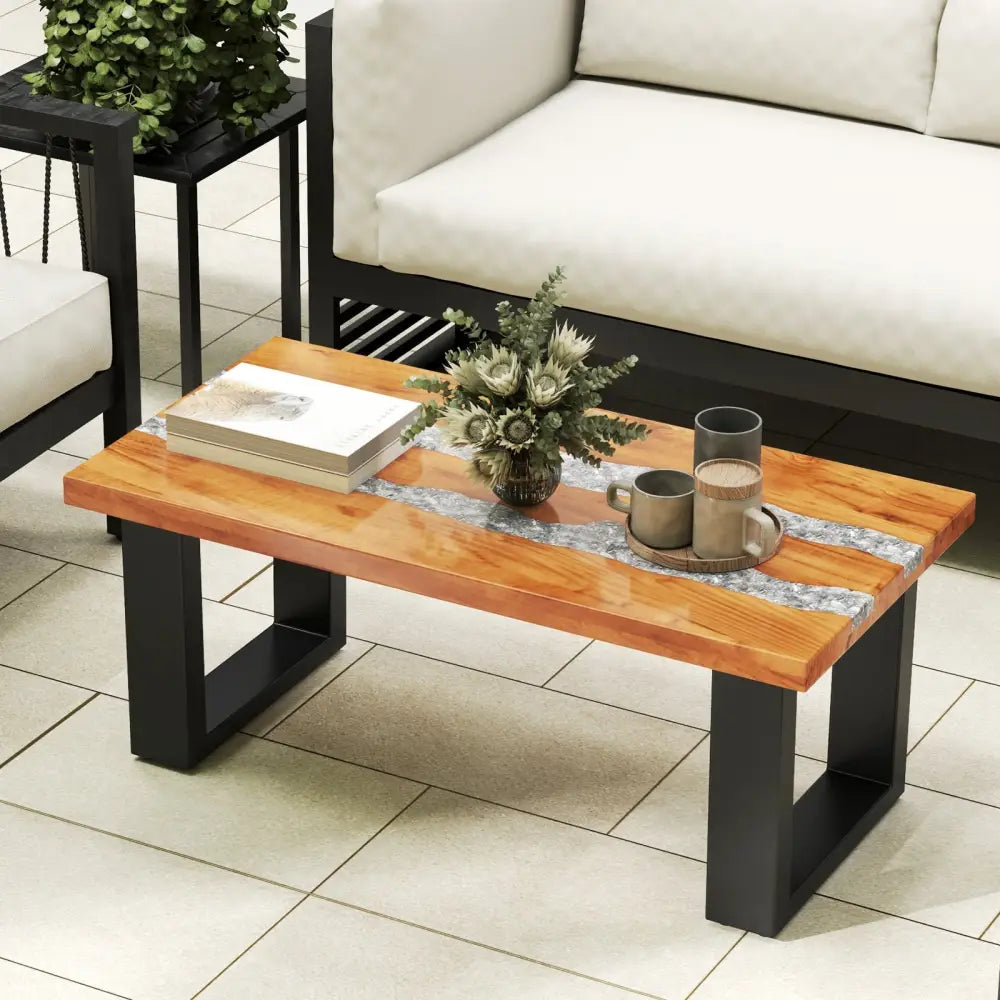 Teak Wood Patio Table with River Feel Epoxy Tabletop - Natural - Coffee Tables