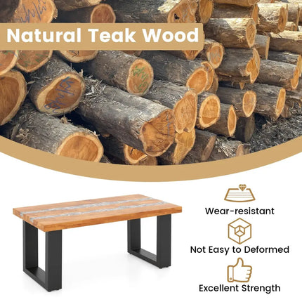 Teak Wood Patio Table with River Feel Epoxy Tabletop - Natural - Coffee Tables