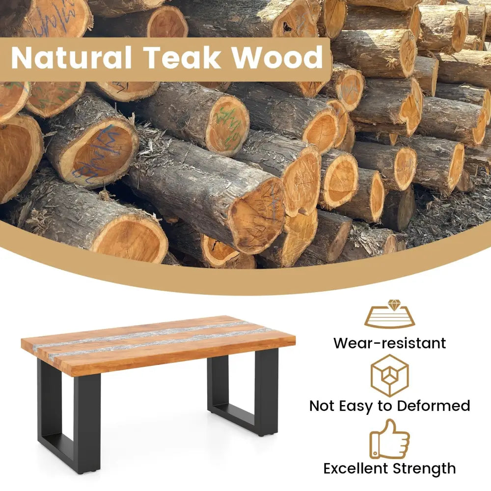 Teak Wood Patio Table with River Feel Epoxy Tabletop - Natural - Coffee Tables