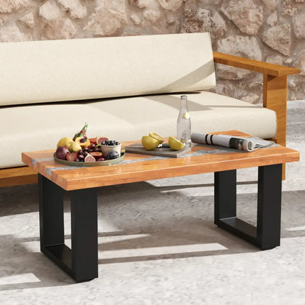 Teak Wood Patio Table with River Feel Epoxy Tabletop - Natural - Coffee Tables