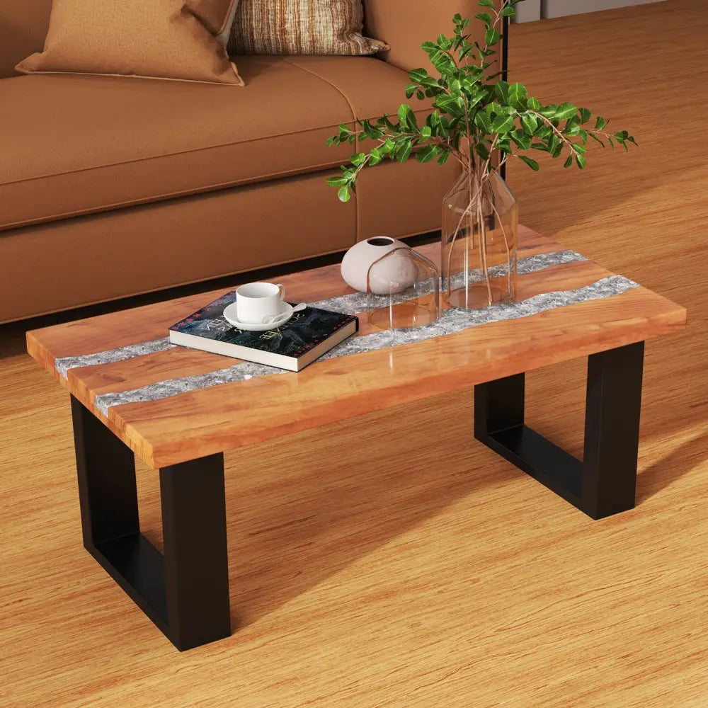 Teak Wood Patio Table with River Feel Epoxy Tabletop - Natural - Coffee Tables