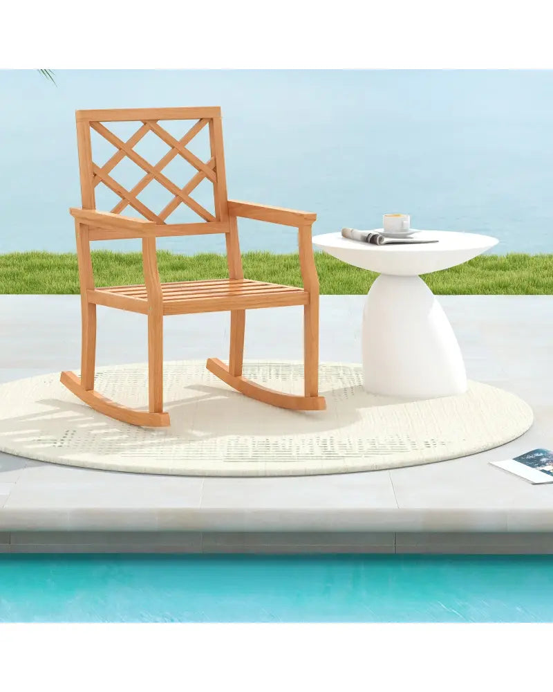 Teak Wood Rocking Chair Oversized Porch Rocker with Backrest and Slatted Seat - Brown - Patio Rocking Chairs & Gliders