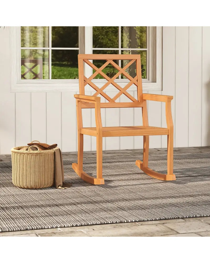 Teak Wood Rocking Chair Oversized Porch Rocker with Backrest and Slatted Seat - Brown - Patio Rocking Chairs & Gliders