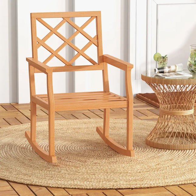 Teak Wood Rocking Chair Oversized Porch Rocker with Backrest and Slatted Seat - Brown - Patio Rocking Chairs & Gliders