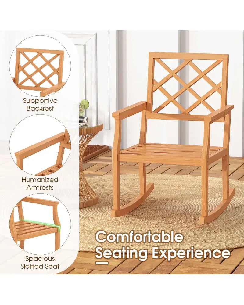 Teak Wood Rocking Chair Oversized Porch Rocker with Backrest and Slatted Seat - Brown - Patio Rocking Chairs & Gliders