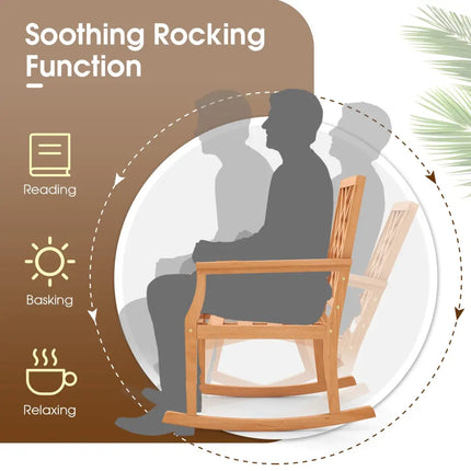 Teak Wood Rocking Chair Oversized Porch Rocker with Backrest and Slatted Seat - Brown - Patio Rocking Chairs & Gliders