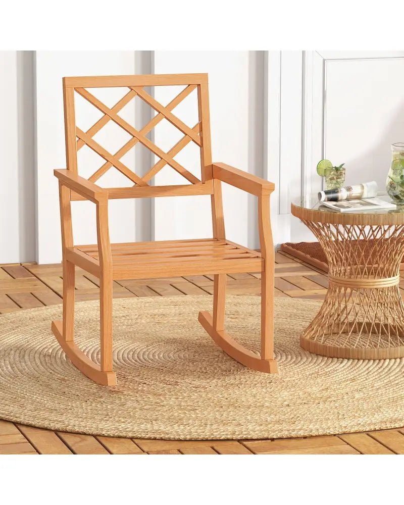 Teak Wood Rocking Chair Oversized Porch Rocker with Backrest and Slatted Seat - Brown - Patio Rocking Chairs & Gliders