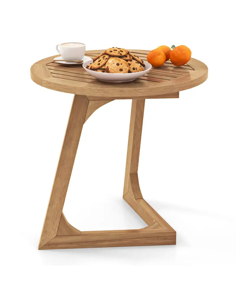 Teak Wood Side Table Round Sofa End Table with Slatted Tabletop - Natural - End & Side Tables