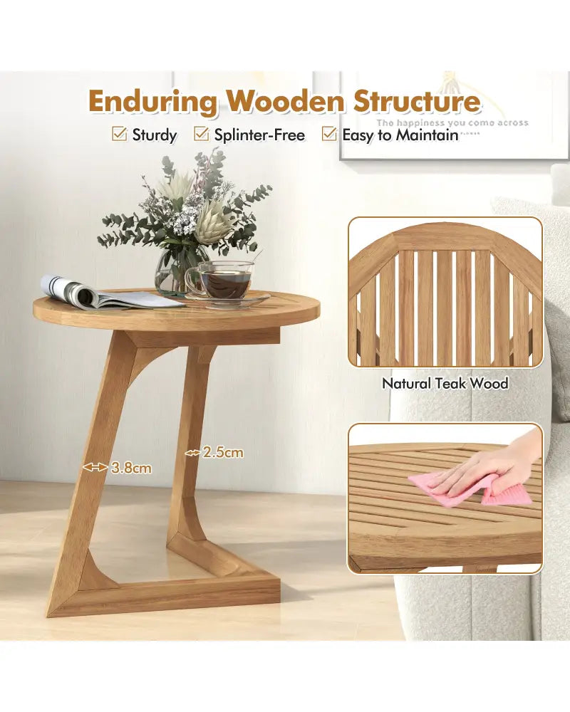 Teak Wood Side Table Round Sofa End Table with Slatted Tabletop - Natural - End & Side Tables
