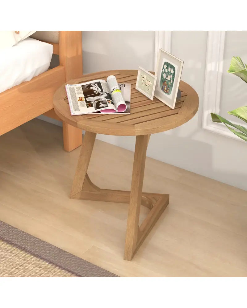 Teak Wood Side Table Round Sofa End Table with Slatted Tabletop - Natural - End & Side Tables