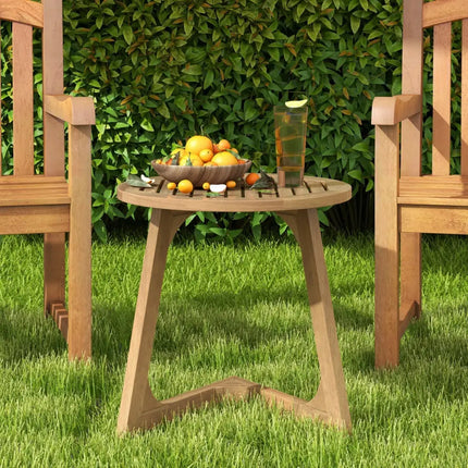 Teak Wood Side Table Round Sofa End Table with Slatted Tabletop - Natural - End & Side Tables
