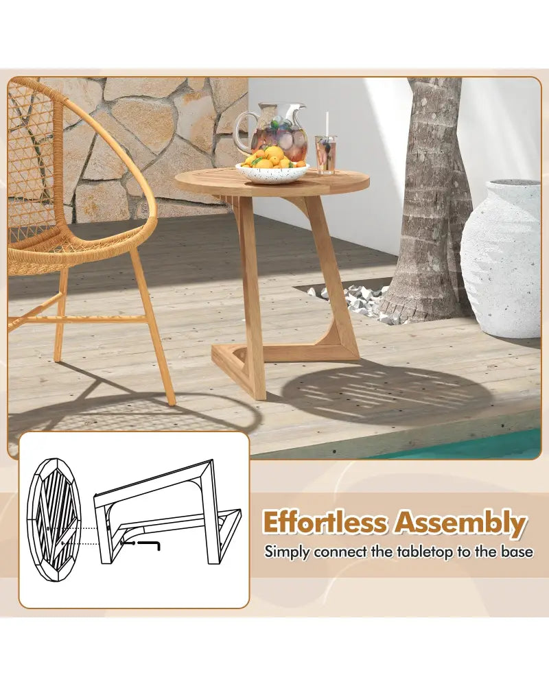Teak Wood Side Table Round Sofa End Table with Slatted Tabletop - Natural - End & Side Tables