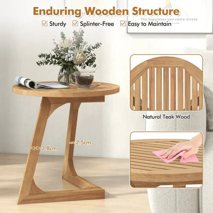 Teak Wood Side Table Round Sofa End Table with Slatted Tabletop - Natural - End & Side Tables