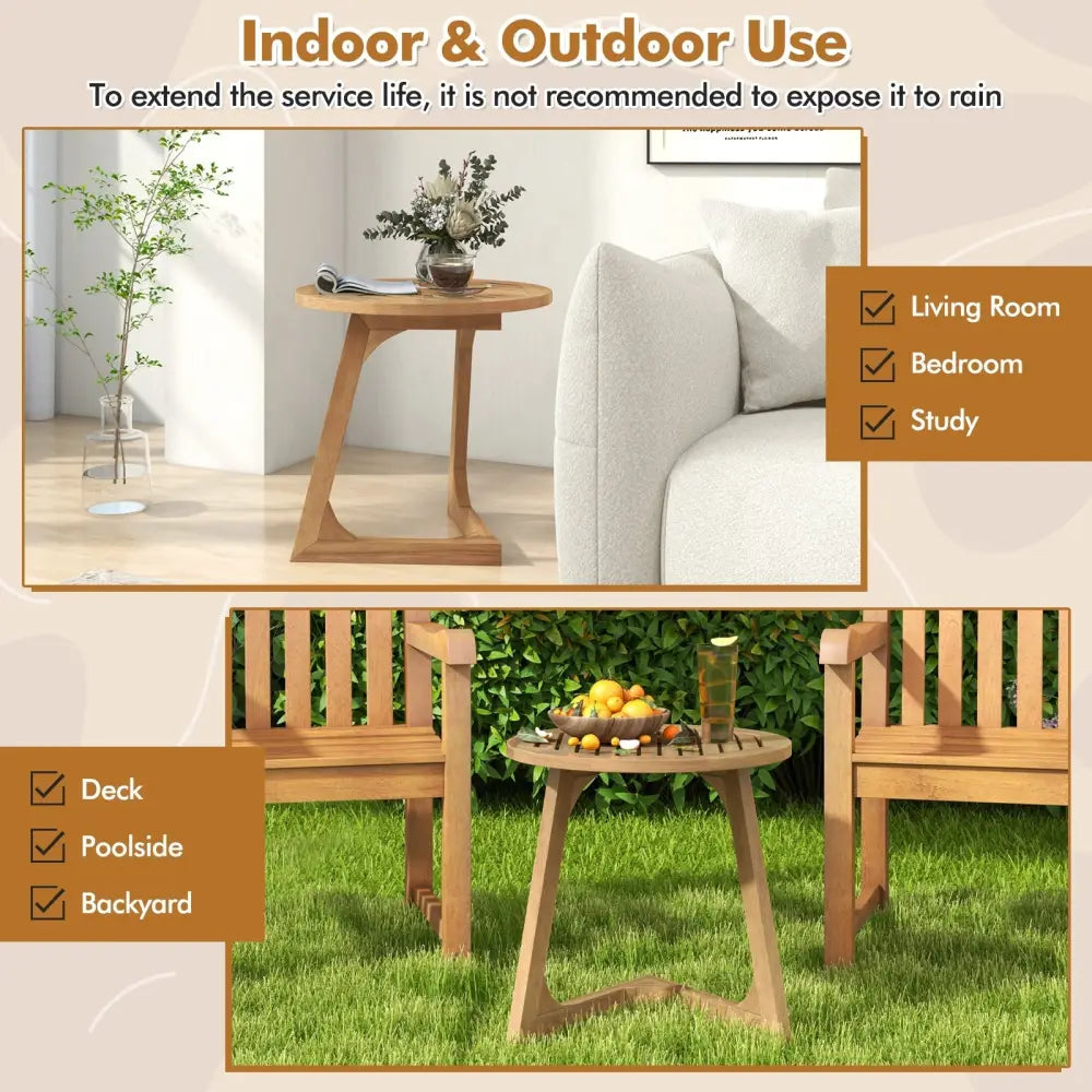 Teak Wood Side Table Round Sofa End Table with Slatted Tabletop - Natural - End & Side Tables