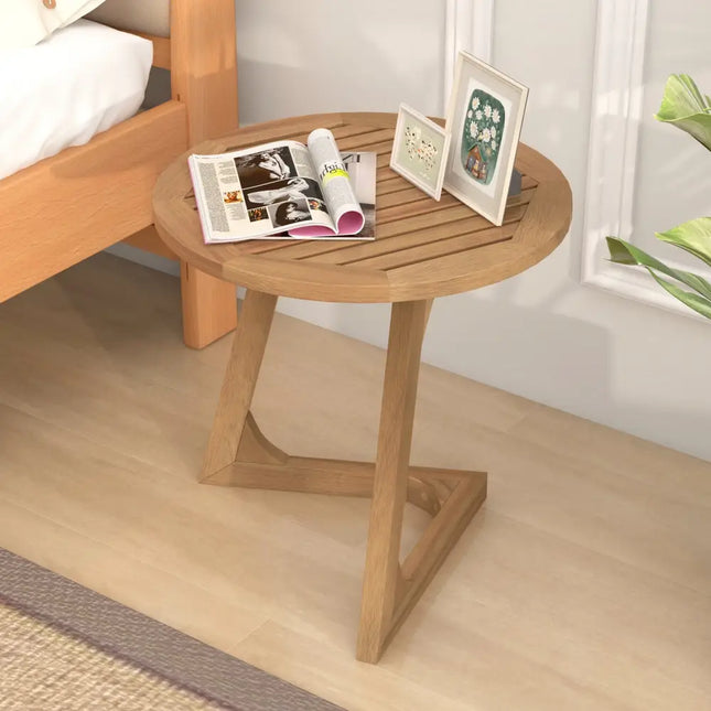 Teak Wood Side Table Round Sofa End Table with Slatted Tabletop - Natural - End & Side Tables