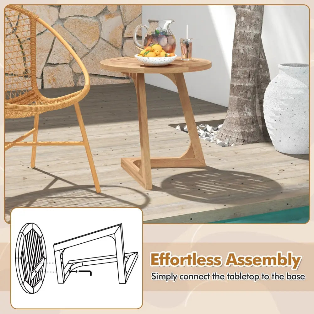 Teak Wood Side Table Round Sofa End Table with Slatted Tabletop - Natural - End & Side Tables