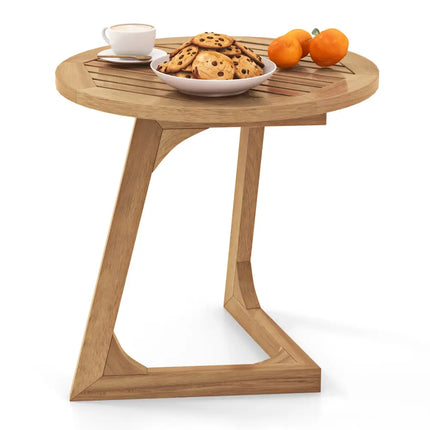 Teak Wood Side Table Round Sofa End Table with Slatted Tabletop - Natural - End & Side Tables