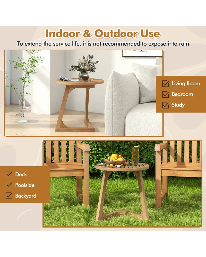 Teak Wood Side Table Round Sofa End Table with Slatted Tabletop - Natural - End & Side Tables