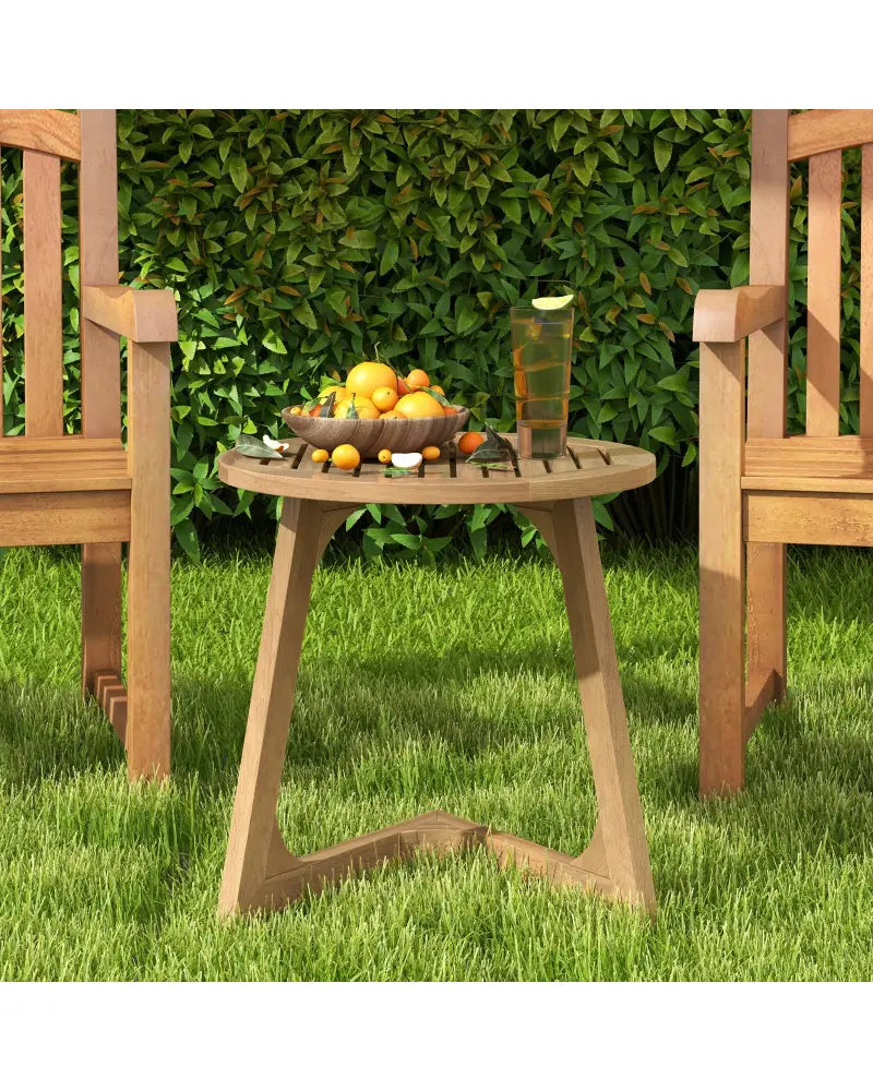 Teak Wood Side Table Round Sofa End Table with Slatted Tabletop - Natural - End & Side Tables