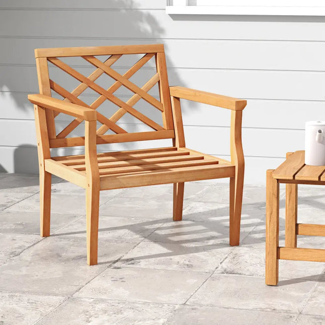 Teak Wood Slatted Patio Chair Armchair with Cozy Backrest and Armrests - Natural - Patio Dining Chairs