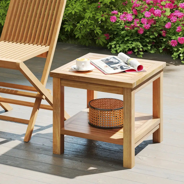 Teak Wood Square Side Table with Open Shelf for Small Space - Natural - Patio Coffee Tables