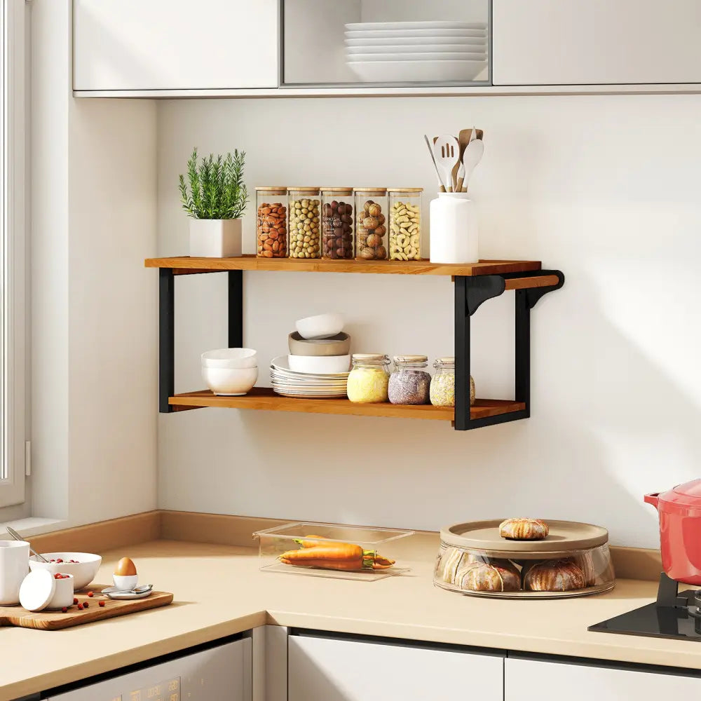 Teak Wood Wall Mounted Floating Shelves with Towel Bar - Natural - Towel Racks