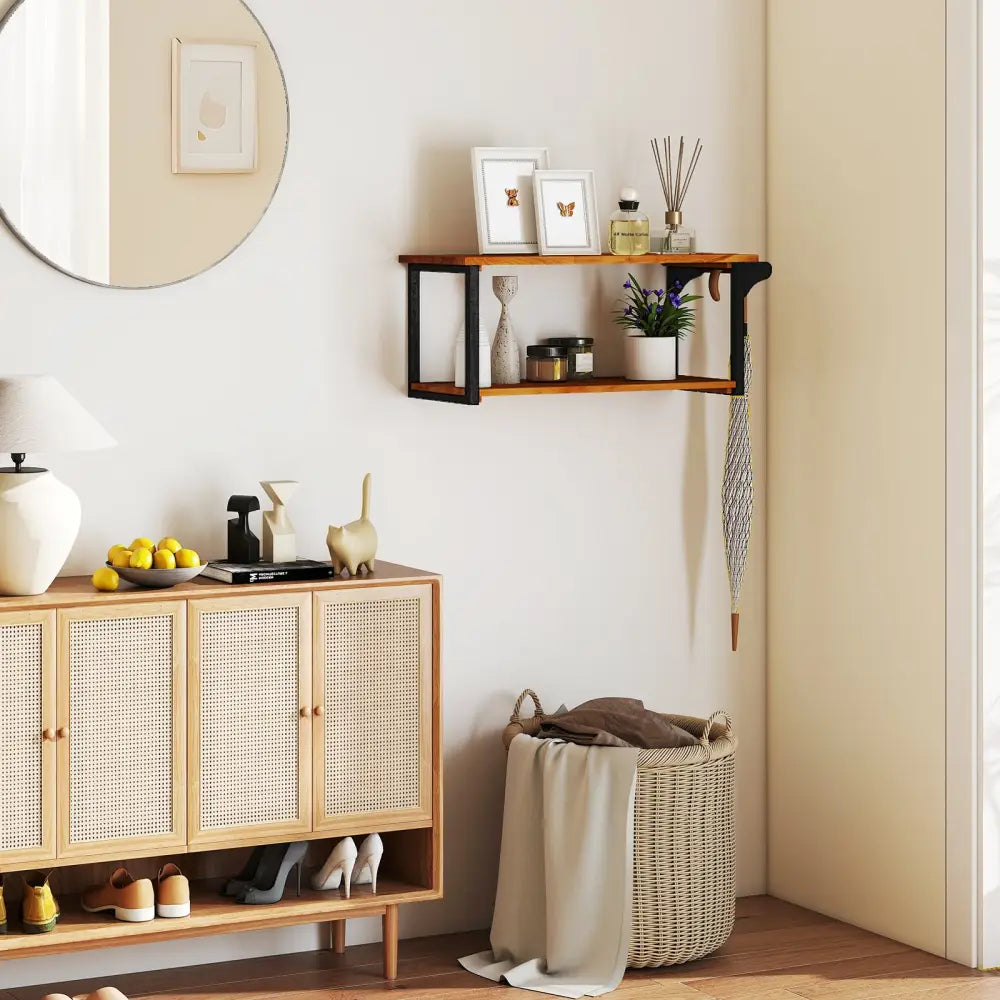 Teak Wood Wall Mounted Floating Shelves with Towel Bar - Natural - Towel Racks