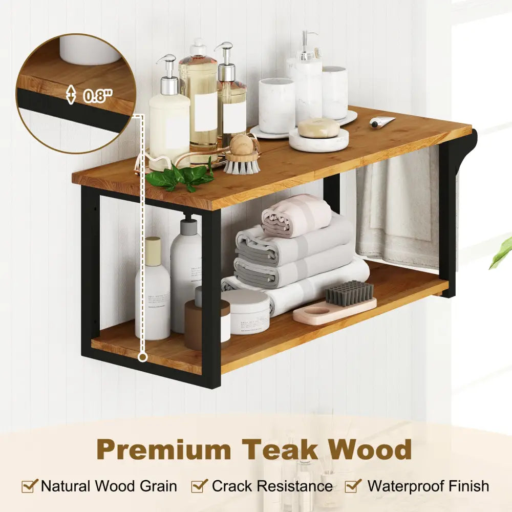 Teak Wood Wall Mounted Floating Shelves with Towel Bar - Natural - Towel Racks