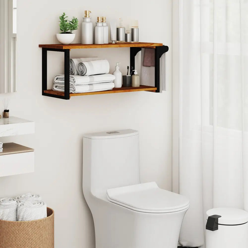 Teak Wood Wall Mounted Floating Shelves with Towel Bar - Natural - Towel Racks