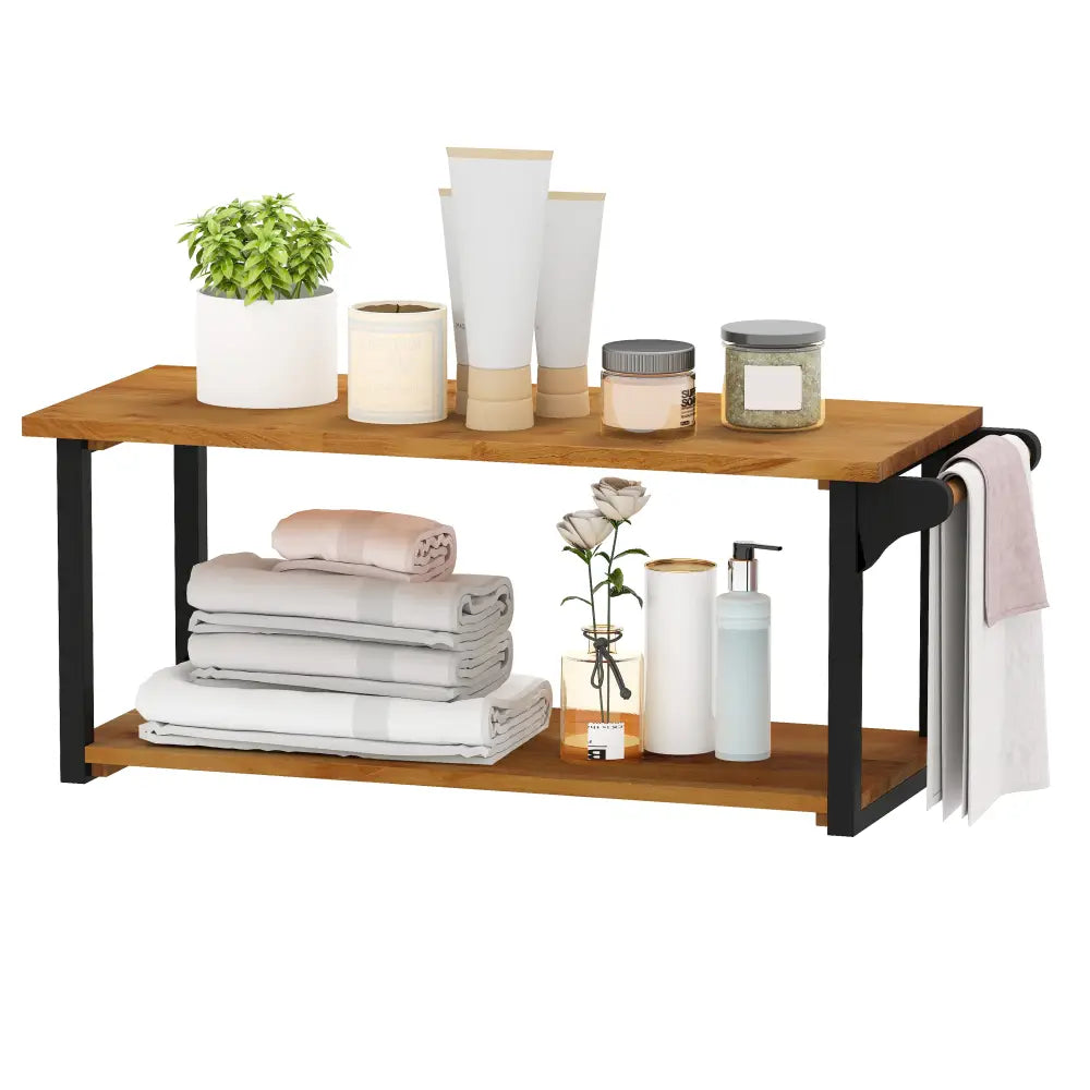 Teak Wood Wall Mounted Floating Shelves with Towel Bar - Natural - Towel Racks