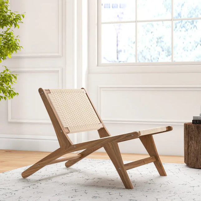 Teak Wooden Chair with Braided Rope Seat and Backrest for Backyard - Natural - Patio Dining Chairs