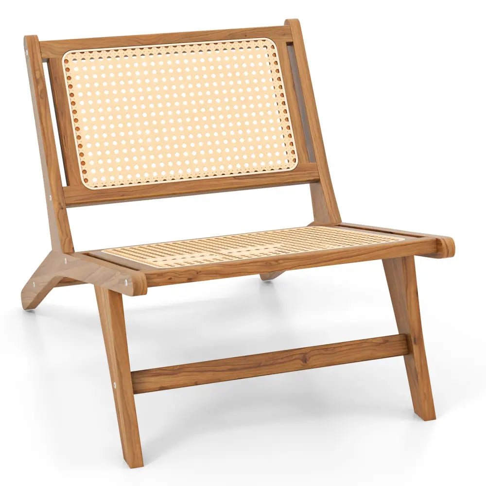 Teak Wooden Chair with Handwoven Rattan Seat and Backrest - Natural - Patio Dining Chairs