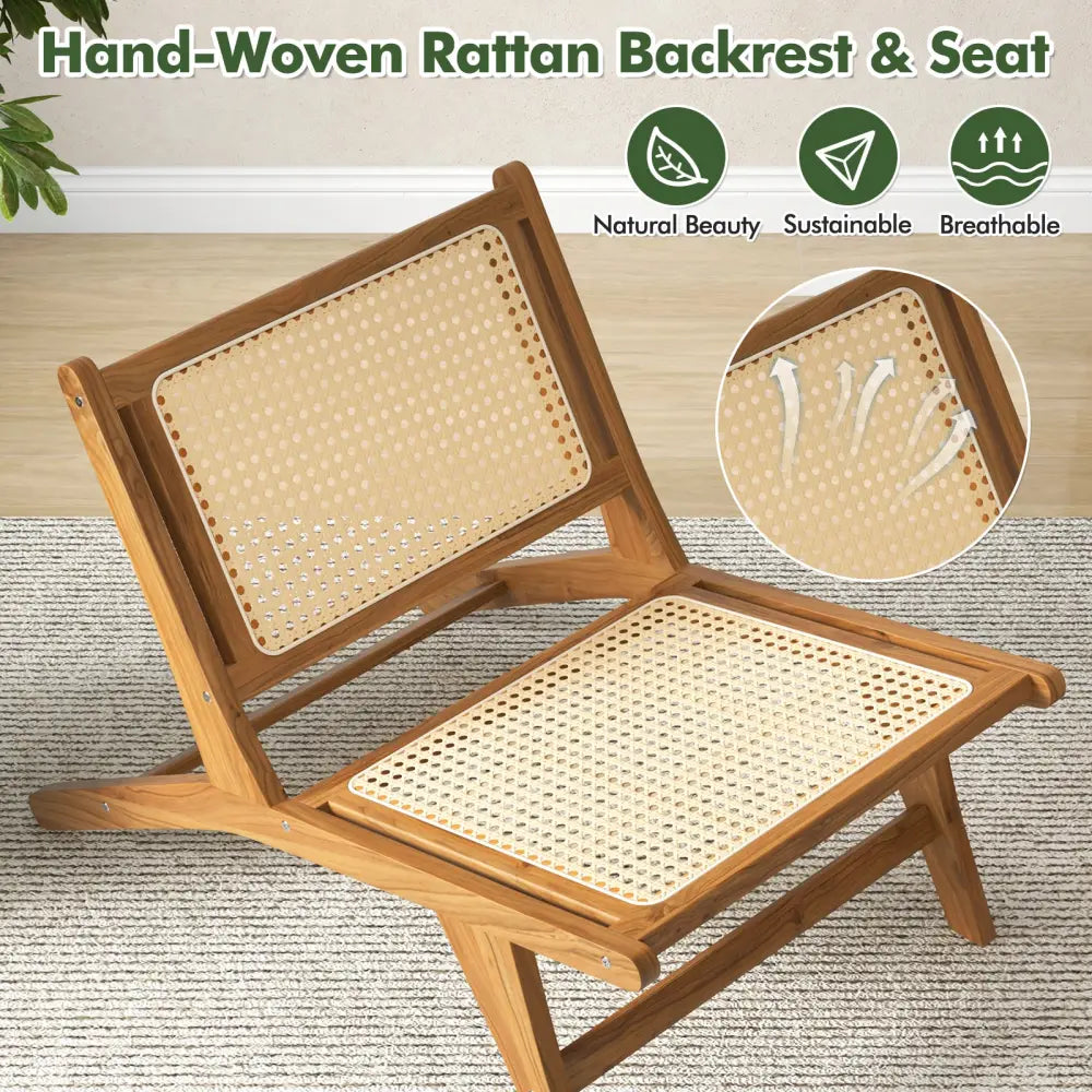 Teak Wooden Chair with Handwoven Rattan Seat and Backrest - Natural - Patio Dining Chairs