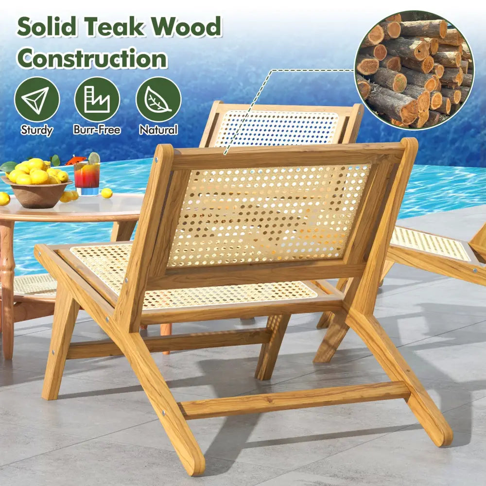 Teak Wooden Chair with Handwoven Rattan Seat and Backrest - Natural - Patio Dining Chairs