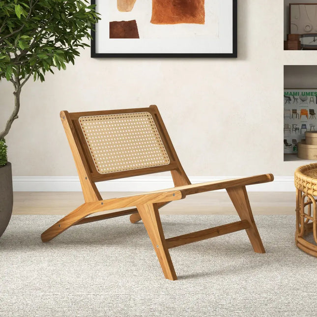 Teak Wooden Chair with Handwoven Rattan Seat and Backrest - Natural - Patio Dining Chairs