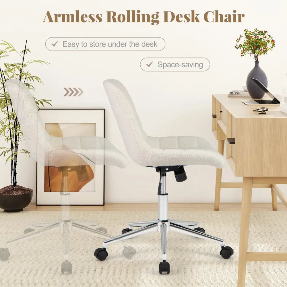 Teddy Fleece Armless Office Chair Makeup Vanity Chair-White - White - Armless Chairs