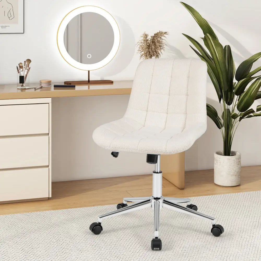 Teddy Fleece Armless Office Chair Makeup Vanity Chair-White - White - Armless Chairs
