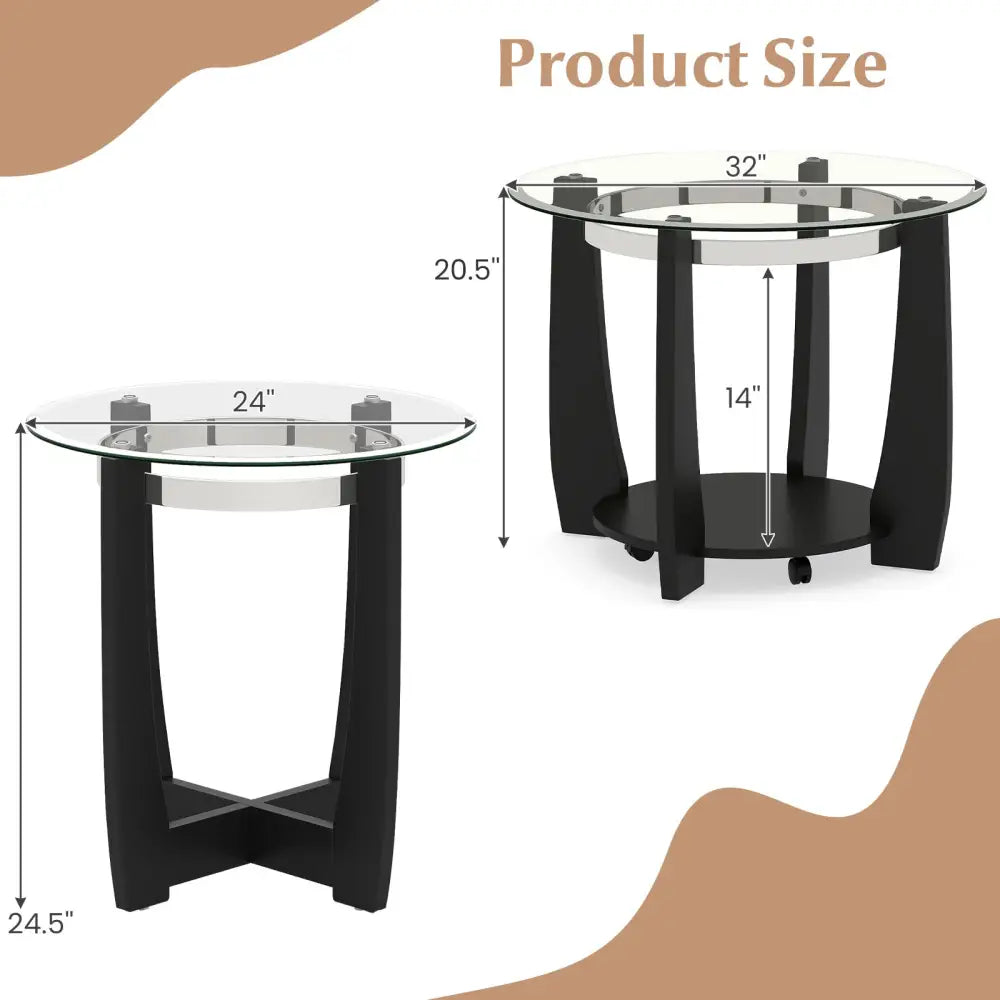 Tempered Glass Coffee Table Set of 3 for Living Room Bedroom-Black - Black - Coffee Tables