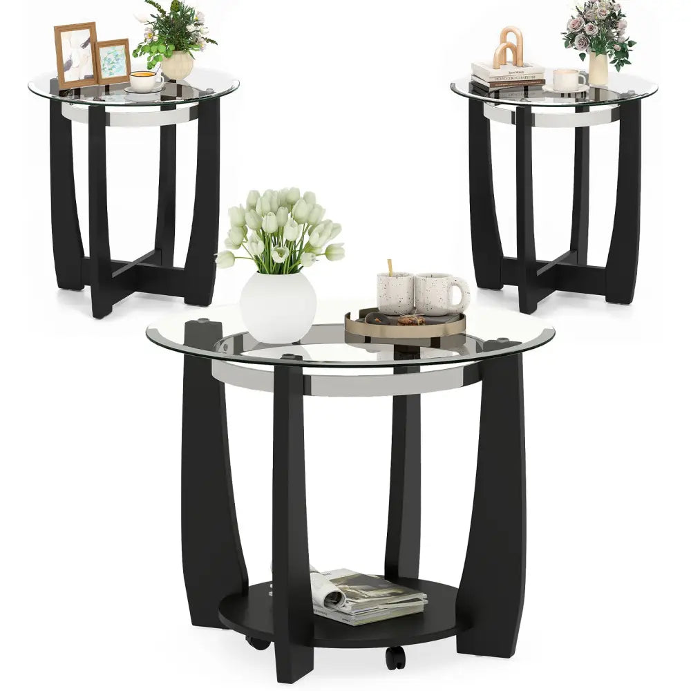 Tempered Glass Coffee Table Set of 3 for Living Room Bedroom-Black - Black - Coffee Tables