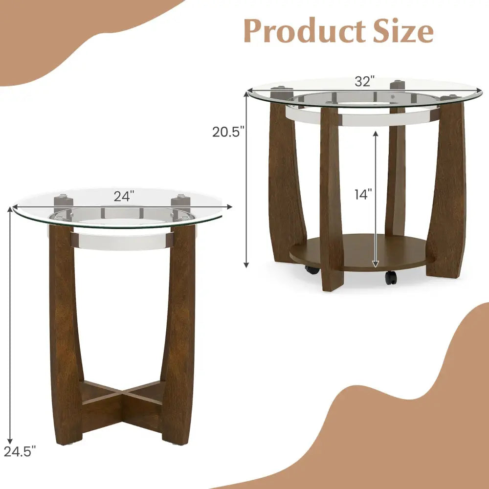 Tempered Glass Coffee Table Set of 3 for Living Room Bedroom-Walnut - Walnut - Coffee Tables