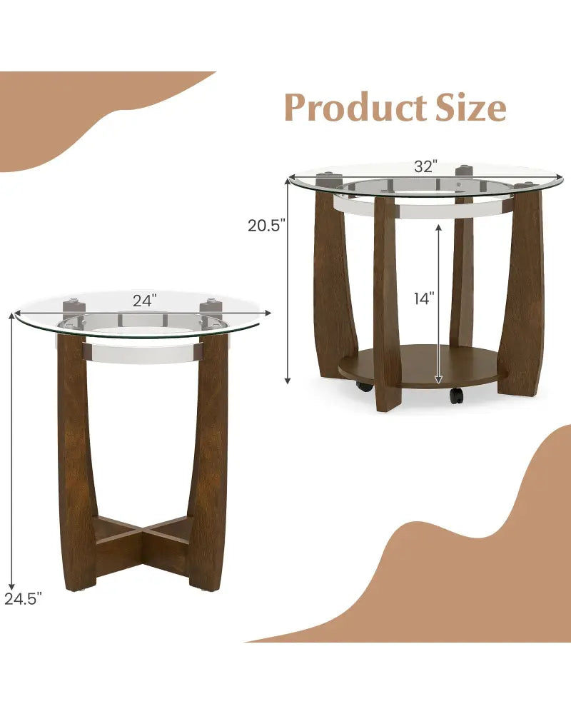 Tempered Glass Coffee Table Set of 3 for Living Room Bedroom-Walnut - Walnut - Coffee Tables