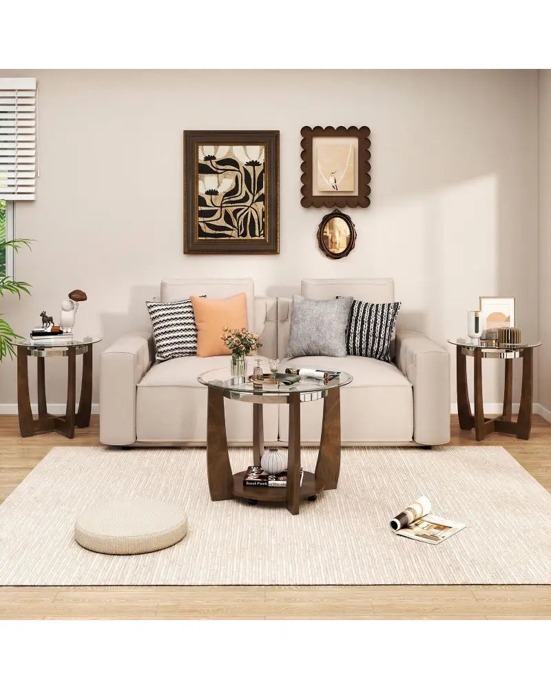 Tempered Glass Coffee Table Set of 3 for Living Room Bedroom-Walnut - Walnut - Coffee Tables