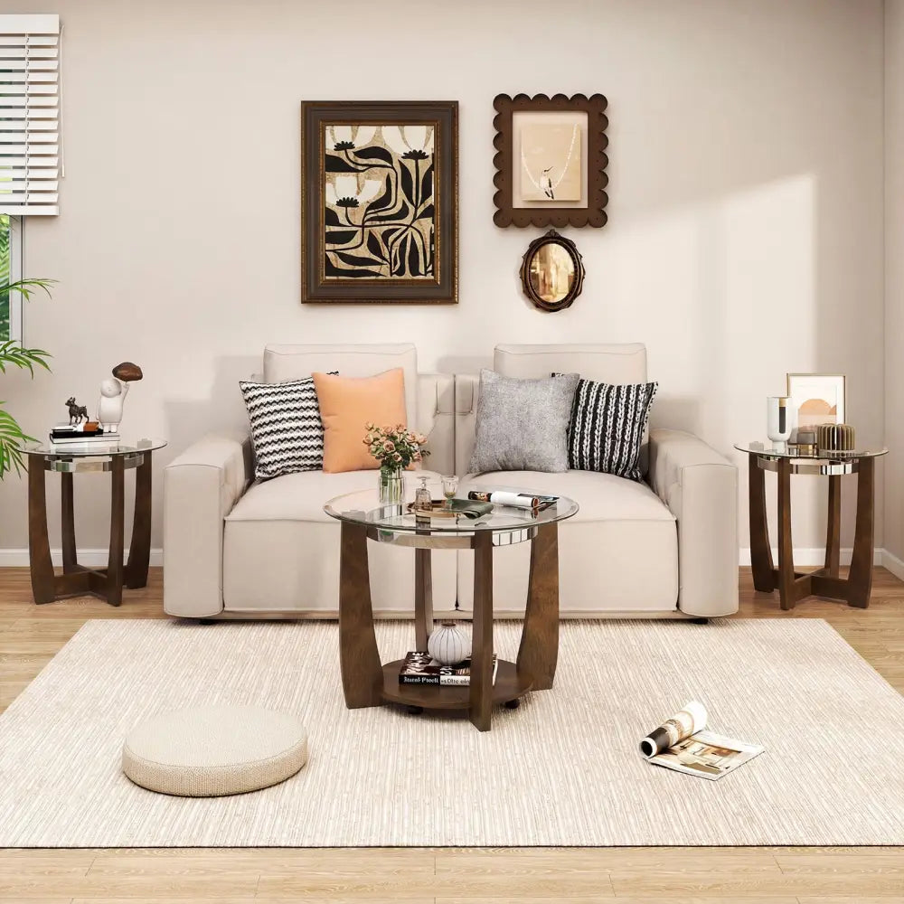 Tempered Glass Coffee Table Set of 3 for Living Room Bedroom-Walnut - Walnut - Coffee Tables