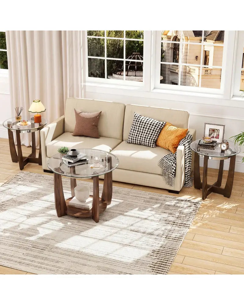 Tempered Glass Coffee Table Set of 3 for Living Room Bedroom-Walnut - Walnut - Coffee Tables