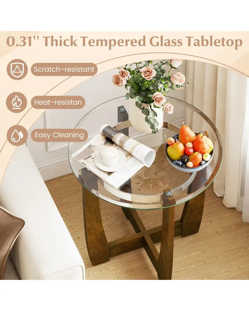 Tempered Glass Coffee Table Set of 3 for Living Room Bedroom-Walnut - Walnut - Coffee Tables