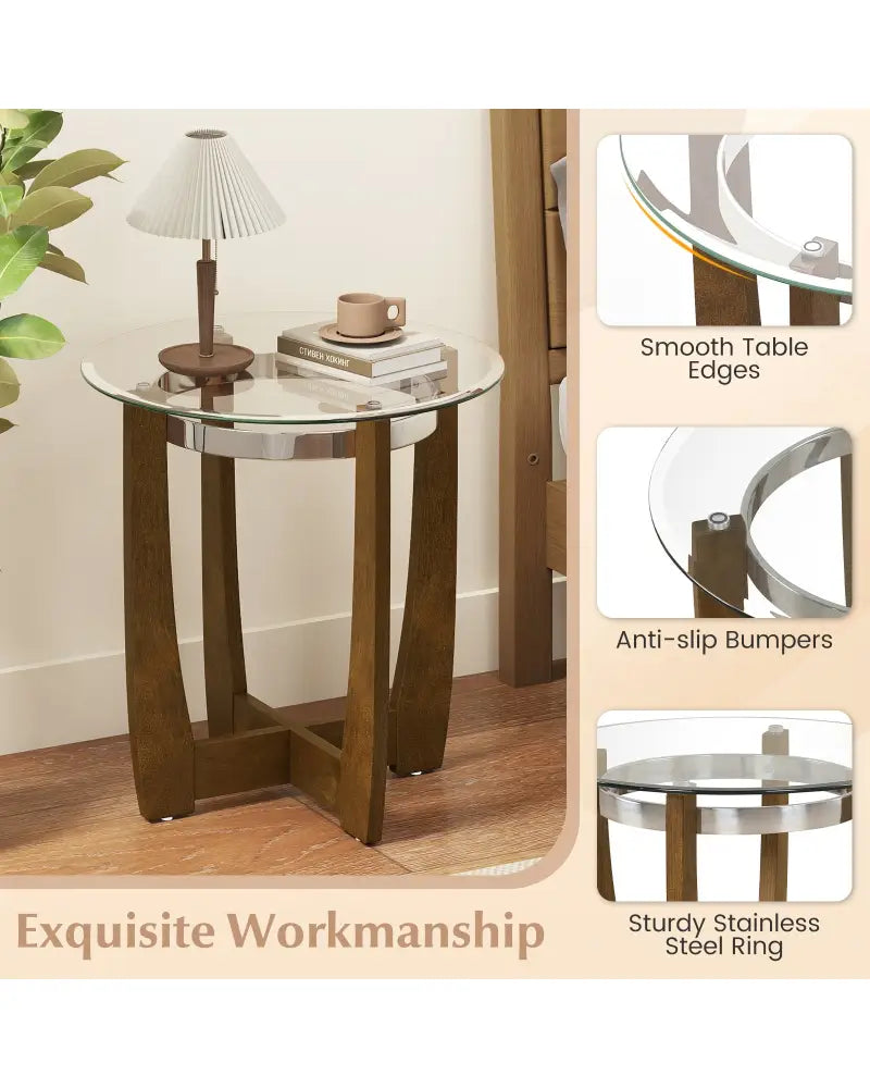 Tempered Glass Coffee Table Set of 3 for Living Room Bedroom-Walnut - Walnut - Coffee Tables