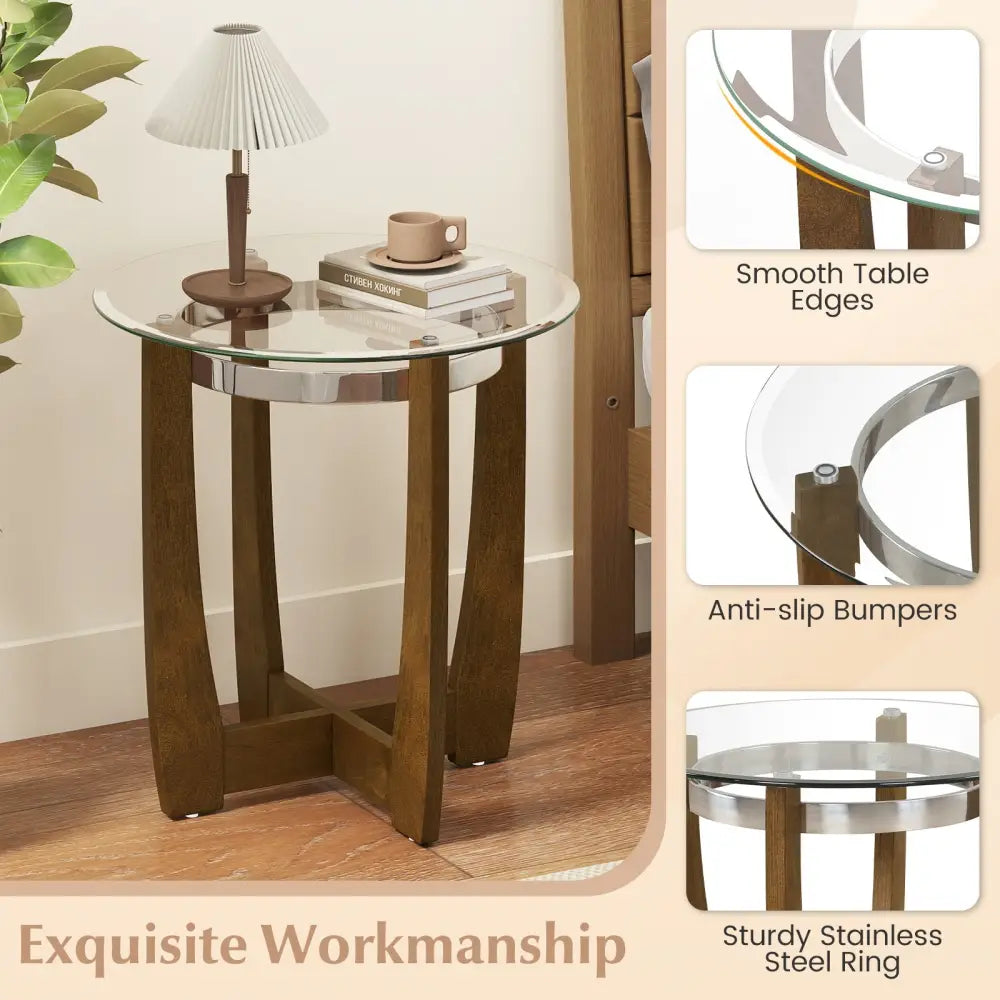 Tempered Glass Coffee Table Set of 3 for Living Room Bedroom-Walnut - Walnut - Coffee Tables
