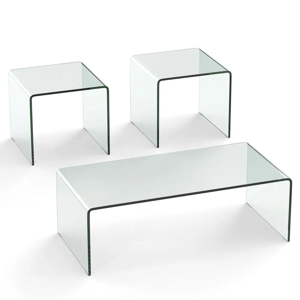 Tempered Glass Coffee Table Set of 3 with 1 Clear Coffee Table and 2 End Tables - Transparent - Coffee Tables