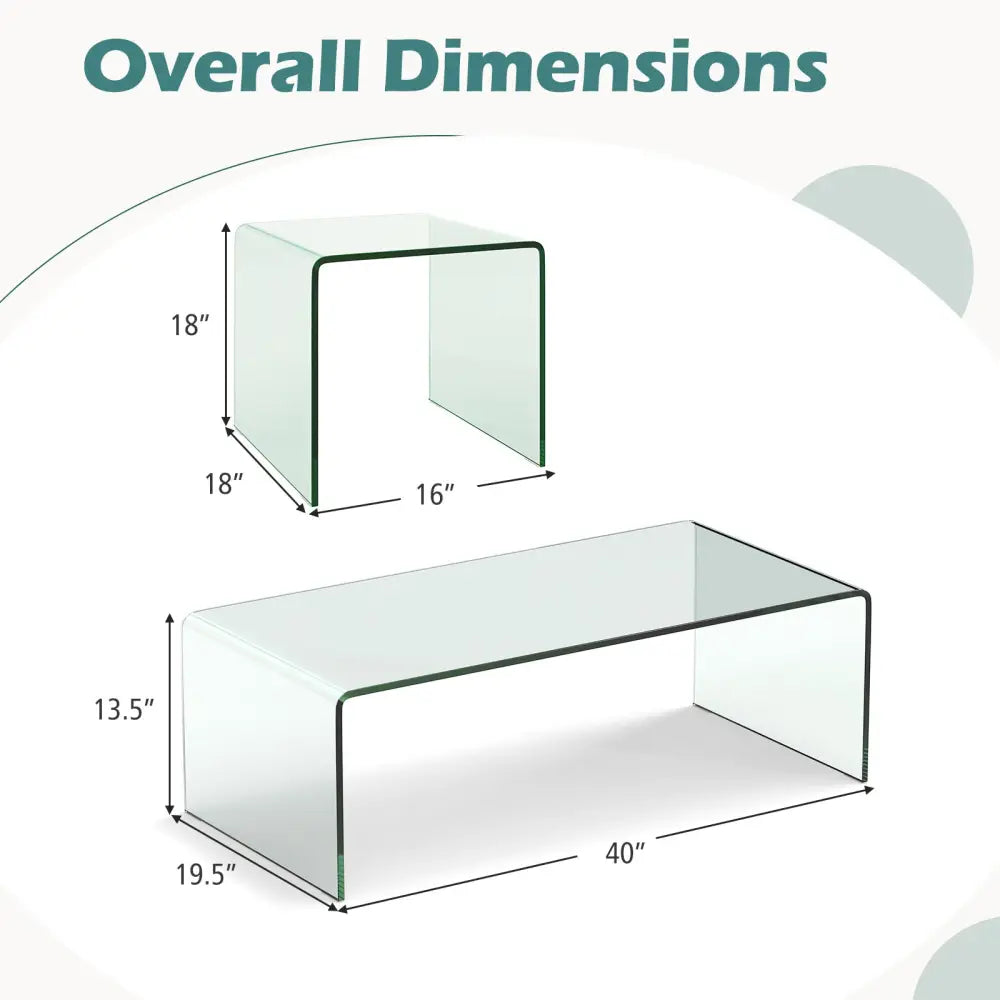 Tempered Glass Coffee Table Set of 3 with 1 Clear Coffee Table and 2 End Tables - Transparent - Coffee Tables