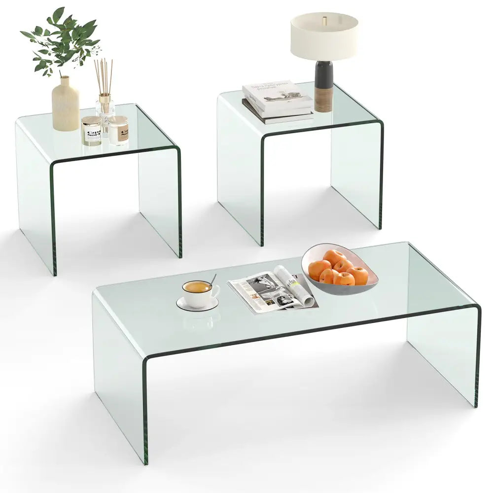 Tempered Glass Coffee Table Set of 3 with 1 Clear Coffee Table and 2 End Tables - Transparent - Coffee Tables